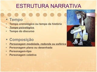ESTRUTURA NARRATIVA Tempo Tempo cronológico ou tempo da história  Tempo psicológico  Tempo do discurso Composição   Personagem modelada, redonda ou esférica Personagem plana ou desenhada Personagem-tipo Personagem coletiva 