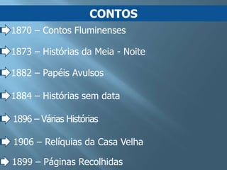 CONTOS
1870 – Contos Fluminenses

1873 – Histórias da Meia - Noite

1882 – Papéis Avulsos

1884 – Histórias sem data

1896 – Várias Histórias

1906 – Relíquias da Casa Velha

1899 – Páginas Recolhidas
 