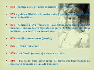 1872 – publica o seu primeiro romance: Ressurreição;

 1873 – publica Histórias da meia- noite (contos) e Notícia da atual
  literatura brasileira

 1874 – A mão e a luva (romance) – sua estreia como folhetinista. O
  romance é publicado em capítulos no jornal O Globo, de Quintino
  Bocaiúva. Sai em livro no mesmo ano.

 1875 – publica Americanas (poesia);

 1876 – Helena (romance);

 1878 – Iaiá Garcia (romance) e seu ensaio crítico

 1880 – Tu, só tu puro amor (peça de teatro em homenagem ao
  centenário de morte de Luís de Camões);
 