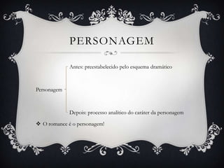 PERSONAGEM
Antes: preestabelecido pelo esquema dramático
Personagem
Depois: processo analítico do caráter da personagem
 O romance é o personagem!
 
