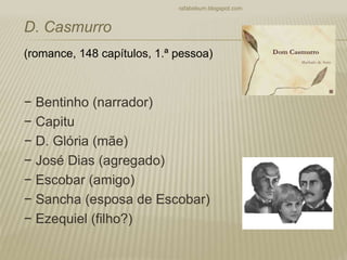 − Bentinho (narrador)
− Capitu
− D. Glória (mãe)
− José Dias (agregado)
− Escobar (amigo)
− Sancha (esposa de Escobar)
− Ezequiel (filho?)
rafabebum.blogspot.com
D. Casmurro
(romance, 148 capítulos, 1.ª pessoa)
 