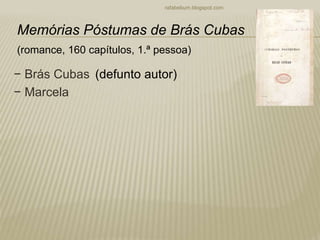 − Brás Cubas
− Marcela
rafabebum.blogspot.com
Memórias Póstumas de Brás Cubas
(romance, 160 capítulos, 1.ª pessoa)
(defunto autor)
 