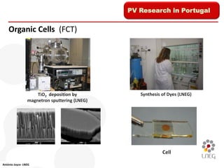 PV Research in Portugal


    Organic Cells (FCT)




                     TiO2 deposition by           Synthesis of Dyes (LNEG)
                 magnetron sputtering (LNEG)




                                                            Cell

António Joyce- LNEG
 