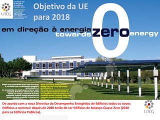 Objetivo da UE
                     para 2018




De acordo com a nova Directiva do Desempenho Energético de Edifícios todos os novos
Edifícios a construir depois de 2020 terão de ser Edifícios de balanço Quase Zero (2018
para os Edifícios Públicos).
 