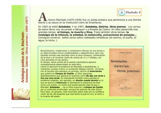 Antología poética de A. Machado. 
Soledades. Galerías. Otros poemas ( 1899-1907) 
ntonio Machado (1875-1939) fue un poeta andaluz que pertenecía a una familia 
liberal y se educó en la Institución Libre de Enseñanza. 
En 1903 se editó Soledades. Y en 1907, Soledades, Galerías. Otros poemas. Los versos 
de estos libros nos recuerdan a Bécquer y a Rosalía de Castro. En ellos desarrolla tres 
grandes temas: el tiempo, la muerte y Dios. Trata también otros temas: la 
nostalgia de la infancia, la soledad, la melancolía, evocaciones de paisajes… 
Consiguió construir bellos verso sobre realidades simbólicas (el camino, el sueño, el 
agua, la noria…) 
Romanticismo, modernismo y simbolismo influyen en sus temas y 
en determinados ritmos (dodecasílabos y alejandrinos), pero usa 
también formas más sencillas como la silva romance: combinación 
de la silva y el romance (serie de versos de 11 y 7 sílabas, con 
rima asonante en los pares). 
El tiempo, tema central de la poesía machadiana aparece 
completamente desarrollado en este libro. 
Llama la atención la tendencia de Machado a desdoblarse, a 
mantener consigo mismo un constante diálogo interior: converso 
con el hombre que siempre va conmigo, dirá en el Autorretrato 
que publicó en Campos de Castilla, su libro siguiente, 
desdoblamiento que aparece en poemas como Me dijo una tarde o 
Fue una clara tarde. Es interesante también cómo plantea el 
problema religioso, por ejemplo, en Anoche cuando dormía en el 
que se acerca a Unamuno al plantearse la existencia de Dios 
como una ilusión, un sueño que puede aportar algo de paz y 
felicidad. Soledades ... es un libro superior a Campos de Castilla, 
por su profunda emotividad, aunque los poemas de este último 
libro sean, en general, más conocidos sobre todo por su profética 
visión de las dos Españas que acarrearía la guerra civil, el exilio y 
la muerte del poeta. 
2 
 