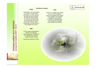XXIX 
Caminante, son tus huellas 
el camino, y nada más; 
caminante, no hay camino: 
se hace camino al andar. 
Al andar se hace camino, 
y al volver la vista atrás 
se ve la senda que nunca 
se ha de volver a pisar. 
Caminante, no hay camino, 
sino estelas en la mar. 
XXX 
«El que espera desespera», 
dice la voz popular. 
¡Qué verdad tan verdadera! 
La verdad es lo que es, 
y sigue siendo verdad 
aunque se piense al revés. 
LIII 
Ya hay un español que quiere 
vivir y a vivir empieza, 
entre una España que muere 
y otra España que bosteza. 
Españolito que vienes 
al mundo, te guarde Dios. 
Una de las dos Españas 
ha de helarte el corazón. 
25 
Antología poética de A. Machado. 
Campos de Castilla (1907- 1917) 
Proverbios y cantares 
 