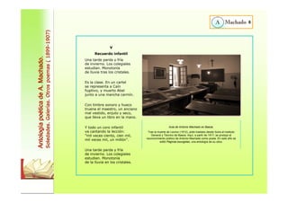 Antología poética de A. Machado. 
Soledades. Galer Galerías. Otros poemas ( 1899 as. 1899-1907) V 
Recuerdo infantil 
Una tarde parda y fría 
de invierno. Los colegiales 
estudian. Monotonía 
de lluvia tras los cristales. 
Es la clase. En un cartel 
se representa a Caín 
fugitivo, y muerto Abel 
junto a una mancha carmín. 
Con timbre sonoro y hueco 
truena el maestro, un anciano 
mal vestido, enjuto y seco, 
que lleva un libro en la mano. 
Y todo un coro infantil 
va cantando la lección: 
”mil veces ciento, cien mil, 
mil veces mil, un millón”. 
Una tarde parda y fría 
de invierno. Los colegiales 
estudian. Monotonía 
de la lluvia en los cristales. 
Aula de Antonio Machado en Baeza. 
Tras la muerte de Leonor (1912), pidió traslado desde Soria al Instituto 
General y Técnico de Baeza. Aquí, a partir de 1917, se produjo el 
reconocimiento público de Antonio Machado como poeta. En este año se 
editó Páginas escogidas, una antología de su obra. 
6 
 