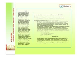 LIX 
Anoche cuando dormía 
soñé, ¡bendita ilusión!, 
que una fontana fluía 
dentro de mi corazón. 
Di: ¿por qué acequia 
escondida, 
agua, vienes hasta mí, 
manantial de nueva vida 
en donde nunca bebí? 
Anoche cuando dormía 
soñé, ¡bendita ilusión!, 
que una colmena tenía 
dentro de mi corazón; 
y las doradas abejas 
iban fabricando en él, 
con las amarguras viejas, 
blanca cera y dulce miel. 
Anoche cuando dormía 
soñé, ¡bendita ilusión!, 
que un sol ardiente lucía 
dentro de mi corazón. 
Era ardiente porque daba 
calores de rojo hogar, 
y era sol porque alumbraba 
y porque hacía llorar. 
Anoche cuando dormía 
soñé, ¡bendita ilusión!, 
que era Dios lo que tenía 
dentro de mi corazón. 
Este poema está considerado como el más hermoso de Soledades. 
MÉTRICA. 
Este poema de Machado está estructurado por cuartetas (8a8b8a8b) 
paralelísticas. 
ANÁLISIS DEL CONTENIDO. Argumento, tema y estructura. 
El yo literario parece caminar por un paisaje simbólico, encerrado en su soledad y 
sus sueños, y evoca una canción en la que parece hacer referencia al dolor 
amoroso. El poema se despliega a partir de una pequeña anécdota de carácter 
simbólico que, indirectamente, deja traslucir un estado de ánimo. Se trata, por 
tanto, de un poema de raíces simbolistas. 
En este sentido, es también un poema que representa perfectamente la afirmación 
de Machado de que la poesía debía ser “una honda palpitación del espíritu”. 
El poema tiene, además, una fuente concreta, el conocido poema de Rosalía de 
Castro que trata un tema similar, aunque de modo más romántico y explícito, lo 
que permite ver nítidamente el carácter más elaborado de la poesía de inspiración 
simbolista como la machadiana: 
Tenía una vez un clavo 
clavado en el corazón, 
y ya no recuerdo si era aquel clavo 
de oro, de hierro o de amor. 
(…) 
Rosalía de Castro 
Machado pasea su mirada por el paisaje. El yo poético parece buscar fuera de sí 
mismo un sentido. No lo halla por ningún lado y vuelve a sí mismo, y en esa 
mirada introspectiva lo que encuentra es nuevamente el vacío, pero, además, el 
sufrimiento. 
Por medio de tres símbolos, que se explican al final, el poeta expresa sus más 
escondidas ansias y que sólo pueden tener realidad en el sueño. 
8 
Comentario. 
Soledades. Galerías. Otros poemas ( 1899-1907) 
 