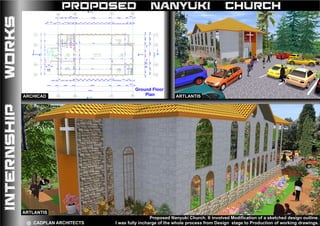 GSPublisherEngine 0.11.100.100
12. All sanitary works to the entire satisfaction of MoH
11. All reinforced concrete work to Structural Engineer's drawings
10. Drain pipes passing under tarmac, driveways, and buildings to be
encased in 150mm thick concrete sorround
masonry and r.c. work
9. pv denotes permanent air vents over doors and windows as shown on drawings,
8. Depth of foundations to be decided on site
7. Walls below 200mm thick to be reinforced with hoop iron at every
alternate course
4. Any discrepancies to be reported to the office of the consultant
3. All levels and dimensions to be checked on site before any
building work commences
2. Do not scale off this drawing
5. All work to be strictly in accordance to with the standard
specifications and notes
6. This drawing is to be read in conjunction with specifications and all
other relevant drawings
1. This drawing is copyright
DRAWING TITLE
designed
drawn
checked
Architects
No. DATE REVISIONS SIGN
project no.drwg. no.
1. Ceramic floor tiles to architect's spec's
2. Timber floor boards to architect's spec's
3. Terrazzo floor tiles to architect's spec's
4. Red Oxide paint on cement screed
Skirtings
Ceilings
1. Celotex ceiling board
Walls
1. Ceramic wall tiles to architect's spec's
2. Paint to architect's spec's
3. Render to architect's spec's
Legend
1. 100x25mm thick skirting tile
2. 100x25mm thick timber skirting
3. 100x12.5mm thick rerrazzo skirting
4. 100x12.5mm thick cement screed skirting
PV- Permanent Vent
IC- Inspection Chamber
MH- Man Hole
HWC- Hot Water Cylinder
GT- Gulley Trap
FT- Floor Trap
date
SHEET TITLE DRAWING TYPE
13. All roads, storm water drainage and foul sewerage to Civil Engineer's drawings
revisions
PROJECT
M.O.D
J.O
J.M.N
P.O BOX 4475-NAIROBI 00506
TEL: 020-2344337
Email: Cadplanarch@gmail.com
info@cadplan.co.ke
Website: www.cadplan.co.ke
Architect's Signature
CP(DD)[00-105]13DD[00-105]
CLIENT
1
2
3
4
5
6
7
8
9
10
11
12
13
14
15
16
17
18
AA
BB
CC
DD
1
1
2
2
3
3
4
4
25300
2,200 200
450
1,200 1,200 1,200 750
200 550
750
500
750
500
750
500
750
500
750
500
750
500
750
500
750
550 200
1,0001,000 800
1,000
1,000
350
700 350
2,200 200 4,800 200 10,600 200 4,800 200
1,000
200
300
300
300
12,000
2002,8002005,6002002,800200
2002,800200
600
7502,700
750
800
200150
9001,750200
200 450
1,500
450 250
800
400
800
150 200
645 750
500
750
500
750
500
750
500
750
500
750
500
750
500
750
455 200
1,000 1,000 800 1,000 1,000
200 150
700
150
200
200 2,400 100 1,100
100
1,100 200 10,600 200 4,800 200
1,000
200
2003,5001,2002,0009002003,800200
4,6503601,580
360
6502003,800
200 2,400 100 1,100
100
1,100 200 10,600 200 4,800 200 1,000 200
2002,0001001,5002003,8002003,800200
2002,8002005,600200
150
9001,750200
2003,8002003,6002003,800200
2003,8002007002,000900
200300
3003,200200
300
300 300
2,200
200 4,800 200 10,600 500 5,700 200
200 4,800 200 10,600 200 4,800 200 1,200
S-03S-03
E-01
E-02
E-03
E-04
Church roomFoyer
Non-Slip
Cer. Tiles ff
Office
Non-Slip
Cer. Tiles ff
Forecourt
Polished
Terrazo ff
Altar
Non-Slip
Cer. Tiles ff
Sacristy
Non-Slip
Cer. Tiles ff
Chair Stock
Non-Slip
Cer. Tiles ff
Gents
Non-Slip
Cer. Tiles ff
Non-Slip Cer. Tiles ff
Ladies
Non-Slip
Cer. Tiles ff
Step2
Step1
Step3
Step 2
Step 1
Step 3
Step 4
Step 5
T=300
R=150
T=500
R=150
PVPV
PVPVPVPVPVPVPVPVPVPVPV
PV
PV
PVPVPV PVPVPVPVPVPVPVPVPVPV
PV
PV
PV
PV
PV
PV
GROUND FLOOR PLAN
INTERNSHIPWORKS PROPOSED NANYUKI
Proposed Nanyuki Church. It involved Modification of a sketched design outline.
I was fully incharge of the whole process from Design stage to Production of working drawings.
CHURCH
Ground Floor
Plan
@ CADPLAN ARCHITECTS
ARTLANTISARCHICAD
ARTLANTIS
 