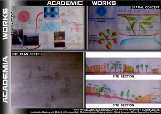 ACADEMIC WORKS
This is my SECOND YEAR PROJECT which involved designing a YOUTH CENTRE.
Included a Restuarant, Multi-It inPurpose Hall, Outdoor Amphi-Theatre, Admin. Block Amongst Other Supporting Facilities.
ACADEMIAWORKS
SITE PLAN SKETCH
CONCEPTUALIZATION
SITE SECTION
SITE SECTION
SPATIAL CONCEPT
 