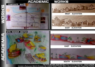 ACADEMIA ACADEMIC WORKSWORKS
This is my SECOND YEAR PROJECT which involved designing a YOUTH CENTRE.
Included a Restuarant, Multi-It inPurpose Hall, Outdoor Amphi-Theatre, Admin. Block Amongst Other Supporting Facilities.
COMPOSITE MAP
SITE RENDER SKETCH
WEST ELEVATION
EAST ELEVATION
EAST ELEVATION
SOUTH ELEVATION
 