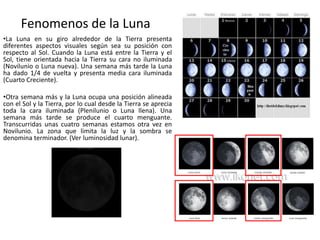 Fenomenos de la Luna
•La Luna en su giro alrededor de la Tierra presenta
diferentes aspectos visuales según sea su posición con
respecto al Sol. Cuando la Luna está entre la Tierra y el
Sol, tiene orientada hacia la Tierra su cara no iluminada
(Novilunio o Luna nueva). Una semana más tarde la Luna
ha dado 1/4 de vuelta y presenta media cara iluminada
(Cuarto Creciente).
•Otra semana más y la Luna ocupa una posición alineada
con el Sol y la Tierra, por lo cual desde la Tierra se aprecia
toda la cara iluminada (Plenilunio o Luna llena). Una
semana más tarde se produce el cuarto menguante.
Transcurridas unas cuatro semanas estamos otra vez en
Novilunio. La zona que limita la luz y la sombra se
denomina terminador. (Ver luminosidad lunar).
 