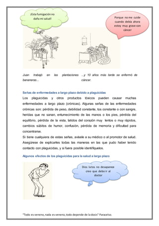 “Todo es veneno,nada es veneno,todo depende de la dosis” Paracelso.
Juan trabajó en las plantaciones
bananeras...
...y 10 años más tarde se enfermó de
cáncer.
Señas de enfermedades a largo plazo debido a plaguicidas
Los plaguicidas y otros productos tóxicos pueden causar muchas
enfermedades a largo plazo (crónicas). Algunas señas de las enfermedades
crónicas son: pérdida de peso, debilidad constante, tos constante o con sangre,
heridas que no sanan, entumecimiento de las manos o los pies, pérdida del
equilibrio, pérdida de la vista, latidos del corazón muy lentos o muy rápidos,
cambios súbitos de humor, confusión, pérdida de memoria y dificultad para
concentrarse.
Si tiene cualquiera de estas señas, avísele a su médico o al promotor de salud.
Asegúrese de explicarles todas las maneras en las que pudo haber tenido
contacto con plaguicidas, y si fuera posible identifíquelos.
Algunos efectos de los plaguicidas para la salud a largo plazo
Porque no me cuide
cuando debía ahora
estoy muy grave con
càncer
¡Esta fumigación no
daña mi salud!
Dios latos no desaparece
creo que debo ir al
doctor
 