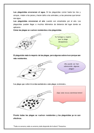 “Todo es veneno,nada es veneno,todo depende de la dosis” Paracelso.
Los plaguicidas envenenan el agua. Si los plaguicidas corren hasta los ríos y
arroyos, matan a los peces y hacen daño a los animales y a las personas que toman
esa agua.
Los plaguicidas envenenan el aire cuando son arrastrados por el aire. Los
plaguicidas pueden llegar a muchos kilómetros de distancia del lugar donde se
aplicaron.
Cómo las plagas se vuelven resistentes a los plaguicidas
El plaguicida mata la mayoría de las plagas, pero algunas sobreviven porque son
más resistentes.
Las plagas que sobreviven dan nacimiento a más plagas resistentes.
Pronto todas las plagas se vuelven resistentes y los plaguicidas ya no son
efectivos.
Ya fumigue y espero
que la plaga
desaparezca
¡No puede ser han
sobrevivido algunas
plagas!
¡Que esto no va a terminar mmm!
 