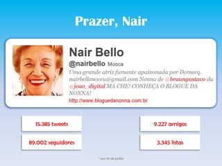 Prazer, Nair9.227 amigos15.385 tweets89.002 seguidores3.345 listas* em 19 de junho