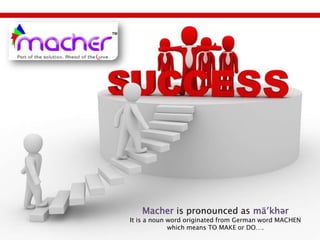 Macher is pronounced as mä′khər
It is a noun word originated from German word MACHEN
             which means TO MAKE or DO….
 
