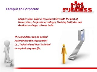 Campus to Corporate

        Macher takes pride in its connectivity with the best of
        Universities, Professional colleges, Training Institutes and
        Graduate colleges all over India.



     The candidates can be pooled
     According to the requirement
     i.e., Technical and Non Technical
     or any Industry specific.
 