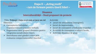 Dinamica
                     Interculturalităţii – Două propuneri de proiecte

 Titlu: Trăieşte viaţa ca şi cum ai juca un rol   Activităţi
Obiective                                          jocuri de amuzament (energiser);
 Cunoaşterea limbajului                           Jocuri de improvizaţie;
    trupului/comunicarea non-verbală;              Jocuri de cunoaştere a limbajului trupului;
 Organizarea unor grupuri dinamice pentru         Activităţi de cunoaştere a culturii locale;
    integrarea socială dintre tineri;              Activităţi dinamice de grup.
 Dezvoltarea unei gândiri critice prin
    evaluarea comportamentelor tinerilor
 