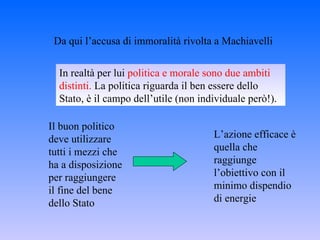 Da qui l’accusa di immoralità rivolta a Machiavelli In realtà per lui  politica e morale sono due ambiti distinti.  La politica riguarda il ben essere dello Stato, è il campo dell’utile (non individuale però!). Il buon politico deve utilizzare tutti i mezzi che ha a disposizione per raggiungere il fine del bene dello Stato L’azione efficace è quella che raggiunge l’obiettivo con il minimo dispendio di energie  