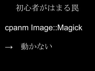 初心者がはまる罠
cpanm Image::Magick
→ 動かない

 