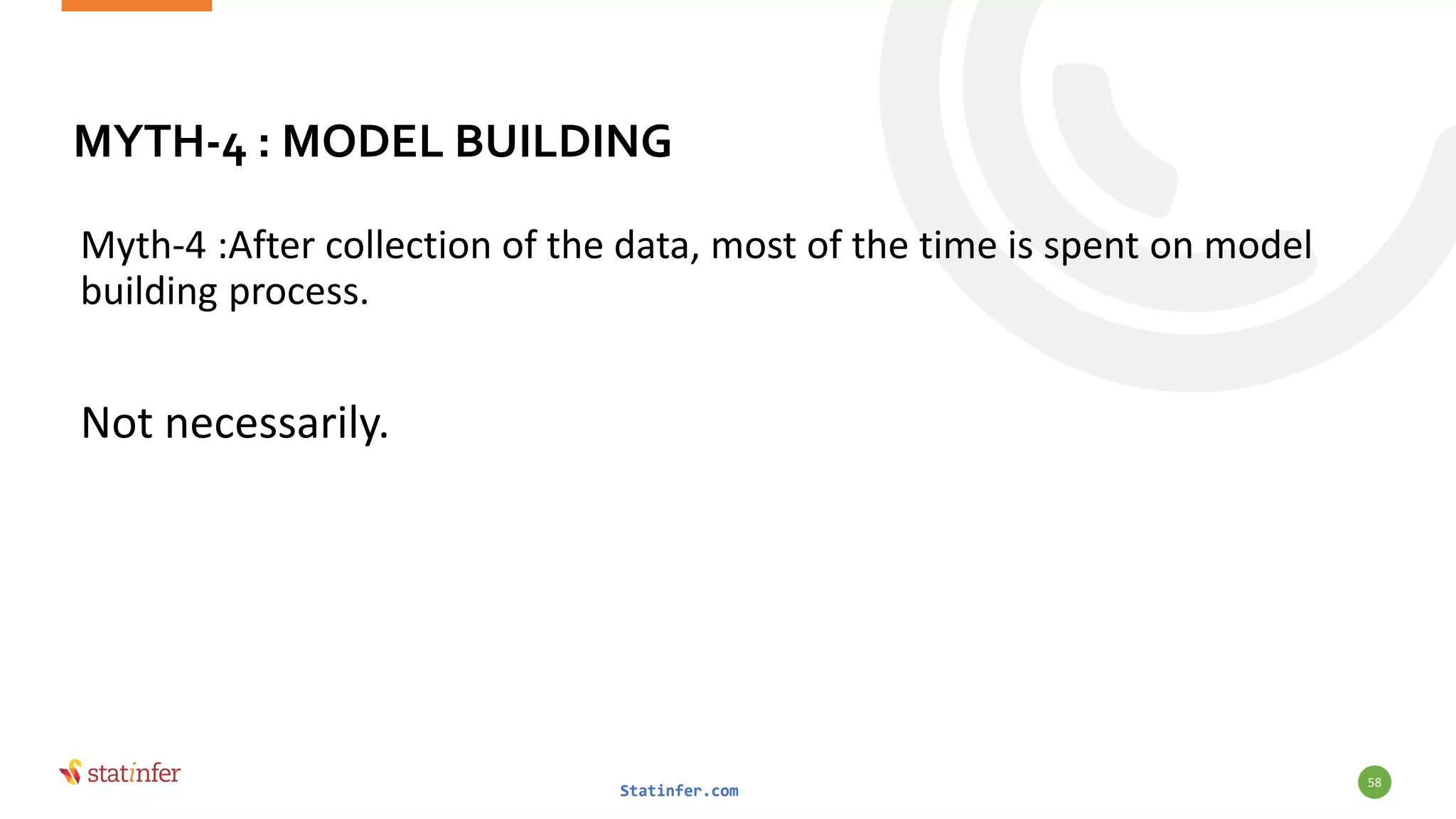MYTH-4 : MODEL BUILDING
Myth-4 :After collection of the data, most of the time is spent on model
building process.
Not necessarily.
Statinfer.com
58
 
