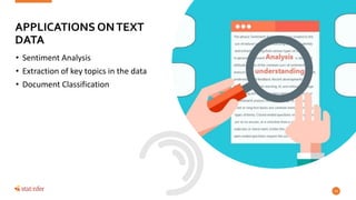• Sentiment Analysis
• Extraction of key topics in the data
• Document Classification
14
APPLICATIONS ONTEXT
DATA
 
