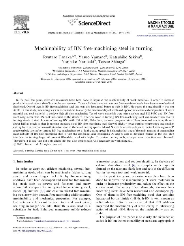 Machinability Of Bn Free Machining Steel In Turning