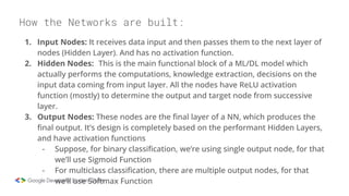 How the Networks are built:
1. Input Nodes: It receives data input and then passes them to the next layer of
nodes (Hidden Layer). And has no activation function.
2. Hidden Nodes: This is the main functional block of a ML/DL model which
actually performs the computations, knowledge extraction, decisions on the
input data coming from input layer. All the nodes have ReLU activation
function (mostly) to determine the output and target node from successive
layer.
3. Output Nodes: These nodes are the final layer of a NN, which produces the
final output. It’s design is completely based on the performant Hidden Layers,
and have activation functions
- Suppose, for binary classification, we’re using single output node, for that
we’ll use Sigmoid Function
- For multiclass classification, there are multiple output nodes, for that
we’ll use Softmax Function
 
