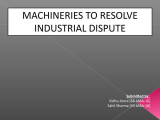 Submitted by :
Vidhu Arora [68-MBA-16]
Sahil Sharma [49-MBA-16]
MACHINERIES TO RESOLVE
INDUSTRIAL DISPUTE
 