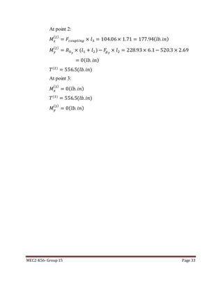 MEC2-K56- Group 15 Page 33
At point 2:
𝑀𝑥
(2)
= 𝐹𝑐𝑜𝑢𝑝𝑙𝑖𝑛𝑔 × 𝑙3 = 104.06× 1.71 = 177.94( 𝑙𝑏. 𝑖𝑛)
𝑀 𝑦
(2)
= 𝑅0 𝑦
× (𝑙1 + 𝑙2) − 𝐹𝑔 𝑦
× 𝑙2 = 228.93× 6.1− 520.3 × 2.69
= 0( 𝑙𝑏. 𝑖𝑛)
𝑇(2)
= 556.5(𝑙𝑏. 𝑖𝑛)
At point 3:
𝑀𝑥
(3)
= 0( 𝑙𝑏. 𝑖𝑛)
𝑇(3)
= 556.5(𝑙𝑏. 𝑖𝑛)
𝑀 𝑦
(3)
= 0( 𝑙𝑏. 𝑖𝑛)
 