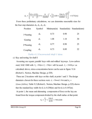 MEC2-K56- Group 15 Page 36
𝑑3 = {
32 × 2.5
𝜋
[(1.9 ×
0
35690
)
2
+
3
4
(1.68 ×
556.5
54000
)
2
]
1
2
}
1
3
= 0.73(𝑖𝑛)
From these preliminary calculations, we can determine reasonable sizes for
the four step diameters d0, d1, d2, d3:
Position Symbol Minimum(in) Standard(in) Standard(mm)
1stbearing d0 0.73 0.98 25
Gearing d1 1.08 1.18 30
2ndbearing d2 0.77 0.98 25
Coupling d3 0.73 0.89 22
Table 4.1.Uncorrected shaft 1 data.
c) Key and testing for shaft I
Assuming use square, parallel keys with end-milked keyways. Low-carbon
steel, SAE 1040 with 86 , 54ut yS kpsi S kpsi  will be used. 35690eS psi as
calculated above, stress-concentration factor can be seen in figure 9.16
(Robert L. Norton, Machine Design, p.529).
These are 2 locations with keys on this shaft, at point 1 and 3. The design
diameters chosen for these sections were 1 30 (1.18 )d mm in and 𝑑3 =
22𝑚𝑚 (0.89𝑖𝑛). Table 9.2 (RobertL. Norton, Machine Design, p.525) shows
that the standard key width for d1 is 0.250(in) and for d3 is 0.187(in).
At point 1, the mean and alternating components of force on the key are
found from the torque component divided by the shaft radius at that point:
𝐹𝑎 =
𝑇𝑎
𝑟
=
556.5
0.59
= 943.22𝑙𝑏
 