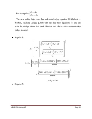 MEC2-K56- Group 15 Page 39
For both point f fm
fsm fs
K K
K K



The new safety factors are then calculated using equation 9.8 (Robert L.
Norton, Machine Design, p.514) with the data from equations (b) and (c)
with the design values for shaft diameter and above stress-concentration
values inserted:
 At point 1:
1
3
2 2
2 2
3
( ) ( )
4
32
3
( ) ( )
4
f a fs a
ff
fm m fsm m
ut
k M k T
SN
d
k M K T
S

  
    
  
    
   
      
  
   
1.18 =
{
32 × 𝑁𝑓
𝜋
[
√(1.81× 895.94)2 +
3
4
(2.39 × 556.5)2
35690
+
√(1.81 × 895.94)2 +
3
4
(2.39 × 556.5)2
86000
]}
1
3
→ 𝑁𝑓 = 2.05
 At point 3:
 