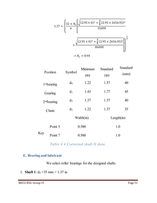 MEC2-K56- Group 15 Page 51
1.37 =
{
32 × 𝑁𝑓
𝜋
[
√(2.95× 0)2 +
3
4
(2.95 × 2656.95)2
35690
+
√(2.95 × 0)2 +
3
4
(2.95 × 2656.95)2
86000
]}
1
3
→ 𝑁𝑓 = 0.94
Position Symbol
Minimum
(in)
Standard
(in)
Standard
(mm)
1stbearing d0 1.22 1.57 40
Gearing d1 1.43 1.77 45
2ndbearing d2 1.37 1.57 40
Chain d3 1.22 1.37 35
Width(in) Length(in)
Key
Point 5 0.500 1.0
Point 7 0.500 1.0
Table 4.4.Corrected shaft II data.
E. Bearing and lubricant
We select roller bearings for the designed shafts.
1. Shaft 1: d0 =35 mm = 1.37 in
 