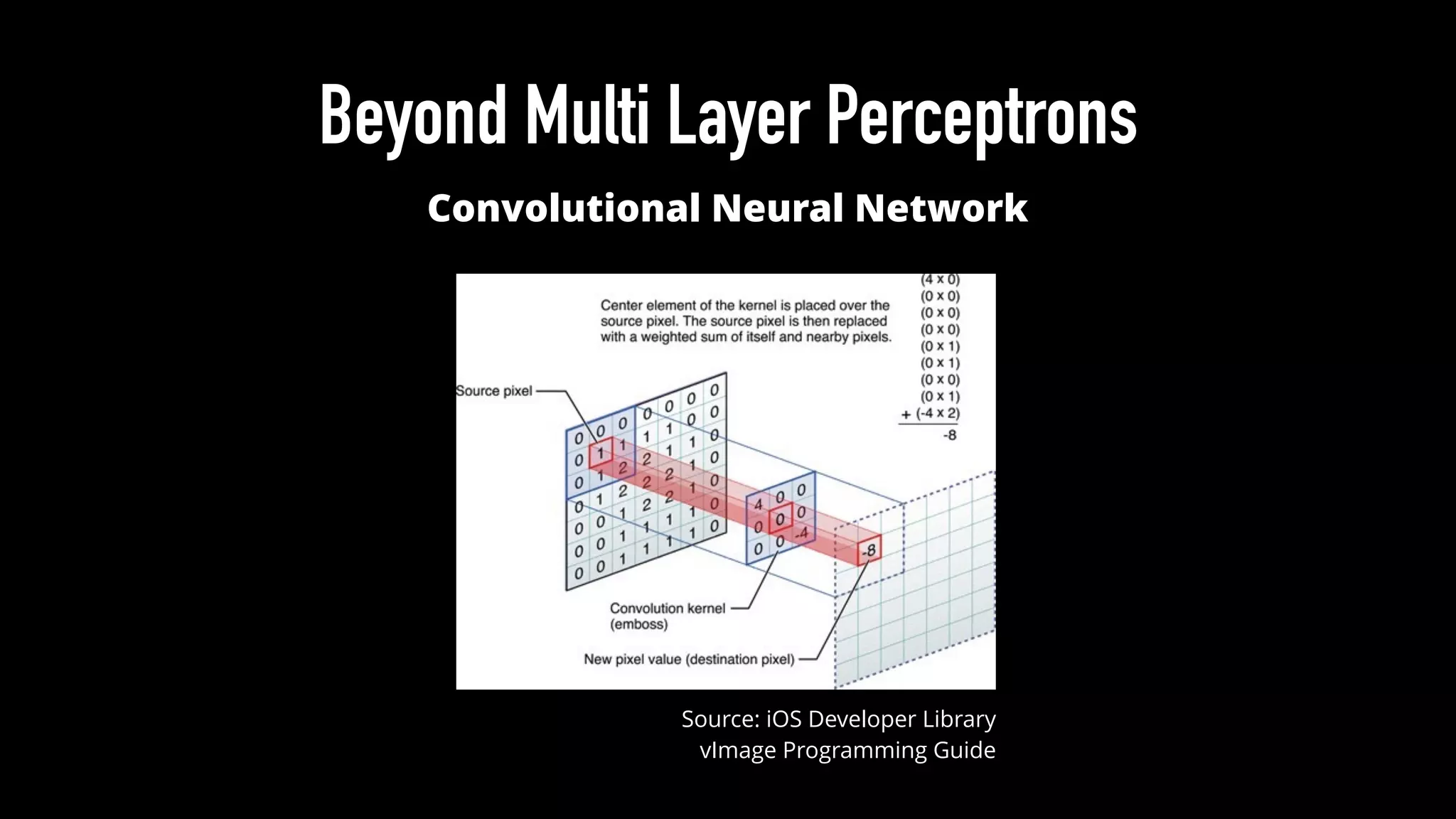 Beyond Multi Layer Perceptrons
Source: iOS Developer Library
vImage Programming Guide
Convolutional Neural Network
 