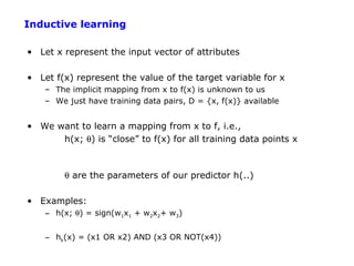 Inductive learning

• Let x represent the input vector of attributes

• Let f(x) represent the value of the target variable for x
    – The implicit mapping from x to f(x) is unknown to us
    – We just have training data pairs, D = {x, f(x)} available


• We want to learn a mapping from x to f, i.e.,
      h(x; θ) is “close” to f(x) for all training data points x



        θ are the parameters of our predictor h(..)

• Examples:
    – h(x; θ) = sign(w1x1 + w2x2+ w3)


    – hk(x) = (x1 OR x2) AND (x3 OR NOT(x4))
 