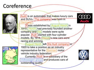 Coreference
      Audi is an automaker that makes luxury cars
      and SUVs. The company was born in
      Germany .
           It was established by August Horch in
      1910. Horch had previosly founded another
      company and his models were quite
      popular. Audi started with four cylinder
      models. By 1914, Horch 's new cars were
      racing and winning.
          August Horch left the Audi company in
      1920 to take a position as an industry
      representative for the German motor
      vehicle industry federation.
          Currently Audi is a subsidiary of the
      Volkswagen group and produces cars of
      outstanding quality.
                                                    12
 
