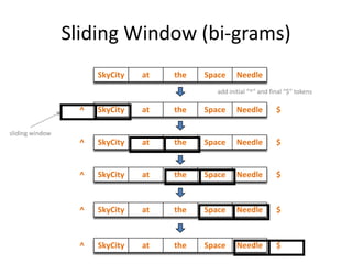 Sliding Window (bi-grams)
                       SkyCity   at   the   Space     Needle
                                               add initial “^” and final “$” tokens

                   ^   SkyCity   at   the   Space     Needle         $

sliding window
                   ^   SkyCity   at   the   Space     Needle         $


                   ^   SkyCity   at   the   Space     Needle         $



                   ^   SkyCity   at   the   Space     Needle         $



                   ^   SkyCity   at   the   Space     Needle         $
                                                                                      23
 