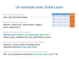 Un exemple avec Scikit-Learn
#Get the data formatted
data = get_formatted_data()
#extract features and prices
features = data [[‘m2’, ‘salle-de-bain’, ’etage’]]
price = data[‘price’ ]
#Split with train and test dataset
features_train, features_test, price_train, price_test =
sklearn.cross_validation.train_test_split( features, price)
#Build and train the model with the train dataset
regression = linear_model.LinearRegression()
regression.fit(features_train, price_train)
#Get the residual sum of squares from the test dataset
RSS = np.sum((regression.predict(features_test) - price_test) ** 2))
X1 = m2 X2 = Nb salle
d’eau
X3 = étages … Prix
50 1 1 … 490 000 €
65 1 1 … 540 000 €
…. …. …. …. ….
34 1 1 … 340 000 €
128 2 2 … 110 000 €
… … … … …
90 2 1 … 800 000 €
54 1 1 … ???
 