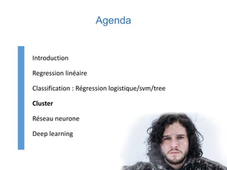 Agenda
Introduction
Regression linéaire
Classification : Régression logistique/svm/tree
Cluster
Réseau neurone
Deep learning
 