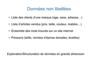 Données non libellées
• Liste des clients d’une marque (age, sexe, adresse…)
• Liste d’articles vendus (prix, taille, couleur, matière…)
• Ensemble des mots trouvés sur un site internet
• Poissons (taille, nombre d’épines dorsales, écailles)
Exploration/Structuration de données en grande dimension
 