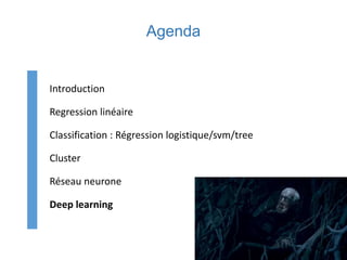 Agenda
Introduction
Regression linéaire
Classification : Régression logistique/svm/tree
Cluster
Réseau neurone
Deep learning
 