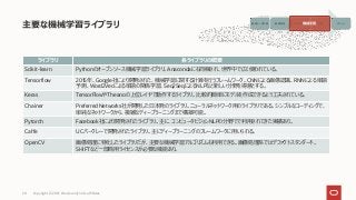 主要な機械学習ライブラリ
Copyright © 2021, Oracle and/or its affiliates
20
ライブラリ 各ライブラリの概要
Scikit-learn Pythonのオープンソース機械学習ライブラリ。Anacondaにも同梱され、世界中で広く使われている。
Tensorflow 2015年、Google社により開発された、機械学習に関する計算を行うフレームワーク。CNNによる画像認識、RNNによる単語
予測、Word2Vecによる単語の関係学習、Seq2SeqによるNLPなど新しい分野を得意とする。
Keras TensorFlowやTheanoの上位レイヤで動作するライブラリ。比較的簡単にモデルを作成できるよう工夫されている。
Chainer Preferred Networks社が開発した日本発のライブラリ。ニューラルネットワーク用のライブラリである。シンプルなコーディングで、
単純なネットワークから、複雑なディープラーニングまで構築可能。
Pytorch Facebook社により開発されたライブラリ。主に、コンピュータビジョンNLPの分野でで利用されてきた実績あり。
Caffe UCバークレーで開発されたライブラリ。主にディープラーニングのフレームワークに用いられる。
OpenCV 画像処理に特化したライブラリだが、主要な機械学習アルゴリズムも利用できる。画像処理系ではデファクトスタンダード。
SHIFTなど一部商用ライセンスが必要な機能あり。
画像データ収集 画像処理 モデルの生成 予測 アクション
機械学習
 