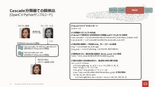 (OpenCV Pythonサンプルコード)
Cascade分類器での顔検出
Copyright © 2021, Oracle and/or its affiliates
22
# OpenCVライブラリをインポート
import cv2
# 分類器のオブジェクトを作成
# OpenCVで提供される学習済みの分類器(xmlファイル)のパスを指定
face_cascade = cv2.CascadeClassifier(‘haarcascade_frontalface_default.xml')
eye_cascade = cv2.CascadeClassifier(‘haarcascade_eye.xml’)
# 検出用の画像データを読み込み、グレースケールに変換
img = cv2.imread(‘my_face.jpg’)
img_gray = cv2.cvtColor(img, cv2.COLOR_BGR2GRAY)
# 顔検出を行い、顔の位置(座標)を Rect(x,y,w,h) として取得
faces = face_cascade.detectMultiScale(img_gray)
# 顔の位置から目の検出を行い、顔と目を四角で囲う処理
for x, y, w, h in faces:
cv2.rectangle(img, (x, y), (x + w, y + h), (255, 0, 0), 2)
face = img[y: y + h, x: x + w]
face_gray = img_gray[y: y + h, x: x + w]
eyes = eye_cascade.detectMultiScale(face_gray) # 目の検出
for (ex, ey, ew, eh) in eyes:
cv2.rectangle(face, (ex, ey), (ex + ew, ey + eh), (0, 255, 0), 2)
オリジナル画像 グレースケール化
haarcascade_frontalface_default.xml
(顔を検出するCascade分類器)
haarcascade_eye.xml
(目を検出するCascade分類器)
入力
顔と目の検出
オリジナル画像に投射
学習済みのCascade分類器
画像処理
画像データ収集 画像処理 モデルの生成 予測 アクション
機械学習
 