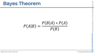 © SuperDataScience
Machine Learning A-Z
NOT
FOR
DISTRIBUTION
©
SUPERDATASCIENCE
www.superdatascience.com
𝑃 𝐴 𝐵 =
)
𝑃 𝐵 𝐴 ∗ 𝑃(𝐴
)
𝑃(𝐵
 