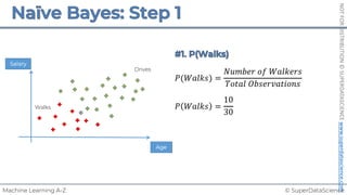 © SuperDataScience
Machine Learning A-Z
NOT
FOR
DISTRIBUTION
©
SUPERDATASCIENCE
www.superdatascience.com
𝑃(𝑊𝑎𝑙𝑘𝑠) =
𝑁𝑢𝑚𝑏𝑒𝑟 𝑜𝑓 𝑊𝑎𝑙𝑘𝑒𝑟𝑠
𝑇𝑜𝑡𝑎𝑙 𝑂𝑏𝑠𝑒𝑟𝑣𝑎𝑡𝑖𝑜𝑛𝑠
𝑃 𝑊𝑎𝑙𝑘𝑠 =
10
30
Salary
Walks
Drives
Age
 