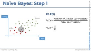© SuperDataScience
Machine Learning A-Z
NOT
FOR
DISTRIBUTION
©
SUPERDATASCIENCE
www.superdatascience.com
𝑃(𝑋) =
𝑁𝑢𝑚𝑏𝑒𝑟 𝑜𝑓 𝑆𝑖𝑚𝑖𝑙𝑎𝑟 𝑂𝑏𝑠𝑒𝑟𝑣𝑎𝑡𝑖𝑜𝑛𝑠
𝑇𝑜𝑡𝑎𝑙 𝑂𝑏𝑠𝑒𝑟𝑣𝑎𝑡𝑖𝑜𝑛𝑠
𝑃 𝑋 =
4
30
Salary
Walks
Drives
Age
 