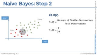 © SuperDataScience
Machine Learning A-Z
NOT
FOR
DISTRIBUTION
©
SUPERDATASCIENCE
www.superdatascience.com
𝑃(𝑋) =
𝑁𝑢𝑚𝑏𝑒𝑟 𝑜𝑓 𝑆𝑖𝑚𝑖𝑙𝑎𝑟 𝑂𝑏𝑠𝑒𝑟𝑣𝑎𝑡𝑖𝑜𝑛𝑠
𝑇𝑜𝑡𝑎𝑙 𝑂𝑏𝑠𝑒𝑟𝑣𝑎𝑡𝑖𝑜𝑛𝑠
𝑃 𝑋 =
4
30
Salary
Walks
Drives
Age
 