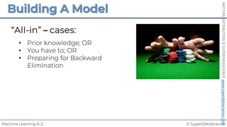 © SuperDataScience
Machine Learning A-Z
NOT
FOR
DISTRIBUTION
©
SUPERDATASCIENCE
www.superdatascience.com
“All-in” – cases:
• Prior knowledge; OR
• You have to; OR
• Preparing for Backward
Elimination
 