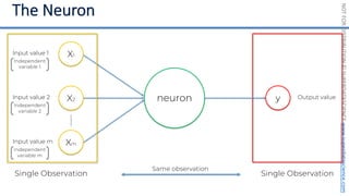 NOT
FOR
DISTRIBUTION
©
SUPERDATASCIENCE
www.superdatascience.com
neuron
Single Observation
Same observation
X1
X2
Xm
y
Input value 1
Input value 2
Input value m
Output value
Independent
variable 1
Independent
variable 2
Independent
variable m
Single Observation
 