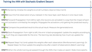 NOT
FOR
DISTRIBUTION
©
SUPERDATASCIENCE
www.superdatascience.com
STEP 1: Randomly initialise the weights to small numbers close to 0 (but not 0).
STEP 2: Input the first observation of your dataset in the input layer, each feature in one input node.
STEP 3: Forward-Propagation: from left to right, the neurons are activated in a way that the impact of each
neuron’s activation is limited by the weights. Propagate the activations until getting the predicted result y.
STEP 4: Compare the predicted result to the actual result. Measure the generated error.
STEP 5: Back-Propagation: from right to left, the error is back-propagated. Update the weights according to
how much they are responsible for the error. The learning rate decides by how much we update the
weights.
STEP 6: Repeat Steps 1 to 5 and update the weights after each observation (Reinforcement Learning). Or:
Repeat Steps 1 to 5 but update the weights only after a batch of observations (Batch Learning).
STEP 7: When the whole training set passed through the ANN, that makes an epoch. Redo more epochs.
 